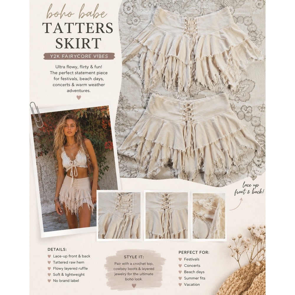 SHEIN Fairycore Tattered Mini Skirt Cream Beige Lace Up Boho Y2K Festival Small